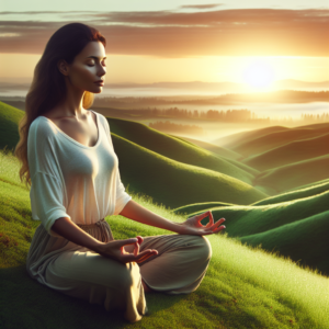A serene image of a person sitting cross-legged on a grassy hill at sunrise, eyes closed and hands resting on their knees in a meditative pose. The background shows a peaceful, expansive landscape with soft morning light that evokes a sense of calm and mindfulness.