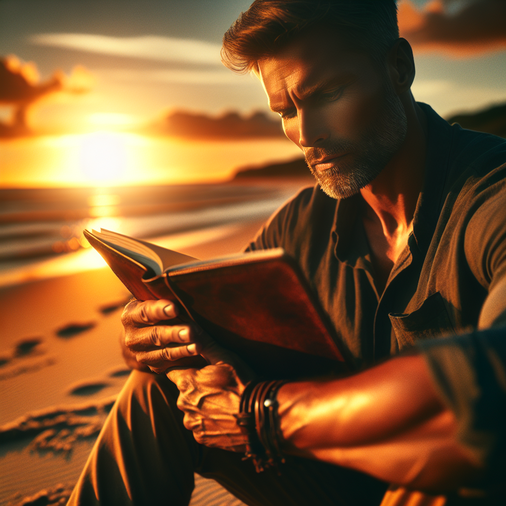 A person sitting alone on a beach during sunset, writing in a journal