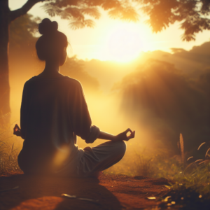 A serene image of a person meditating outdoors at sunrise, sitting cross-legged with closed eyes, surrounded by nature. The soft, golden light of dawn illuminates the peaceful scene, setting the tone for mindfulness and inner peace.
