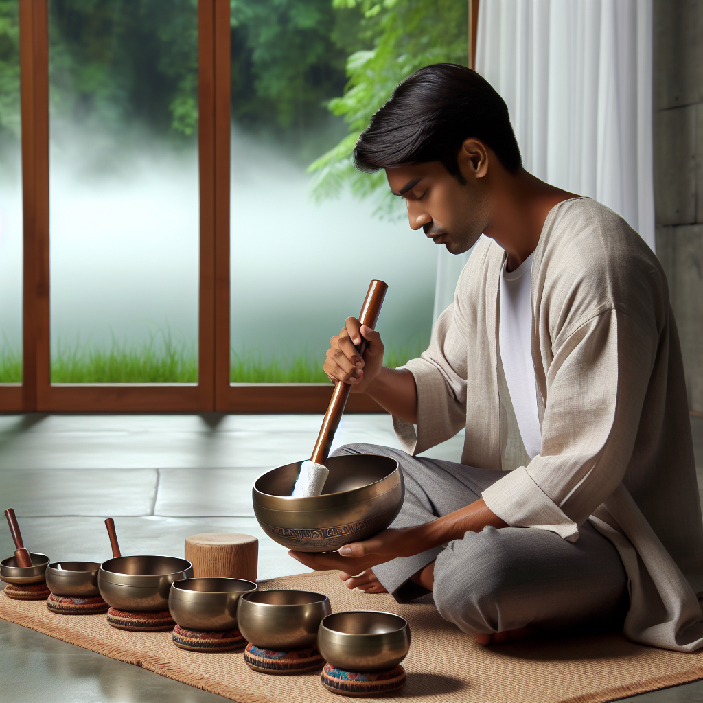 A practitioner using a set of Tibetan singing bowls