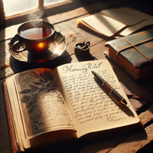 An aesthetically pleasing image showing a journal, a steaming cup of tea, and a pen placed on a rustic wooden table by a sunlit window. The journal is open with the first few lines filled with handwritten words, emphasizing a morning ritual of writing down things to be thankful for.