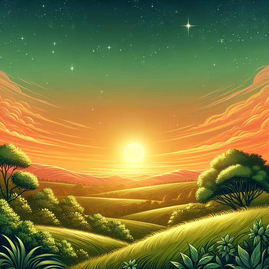 A serene sunrise over a lush landscape