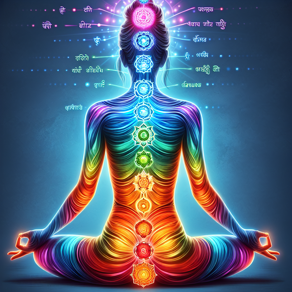 Illustration of a human figure in a meditative pose with colored chakra points