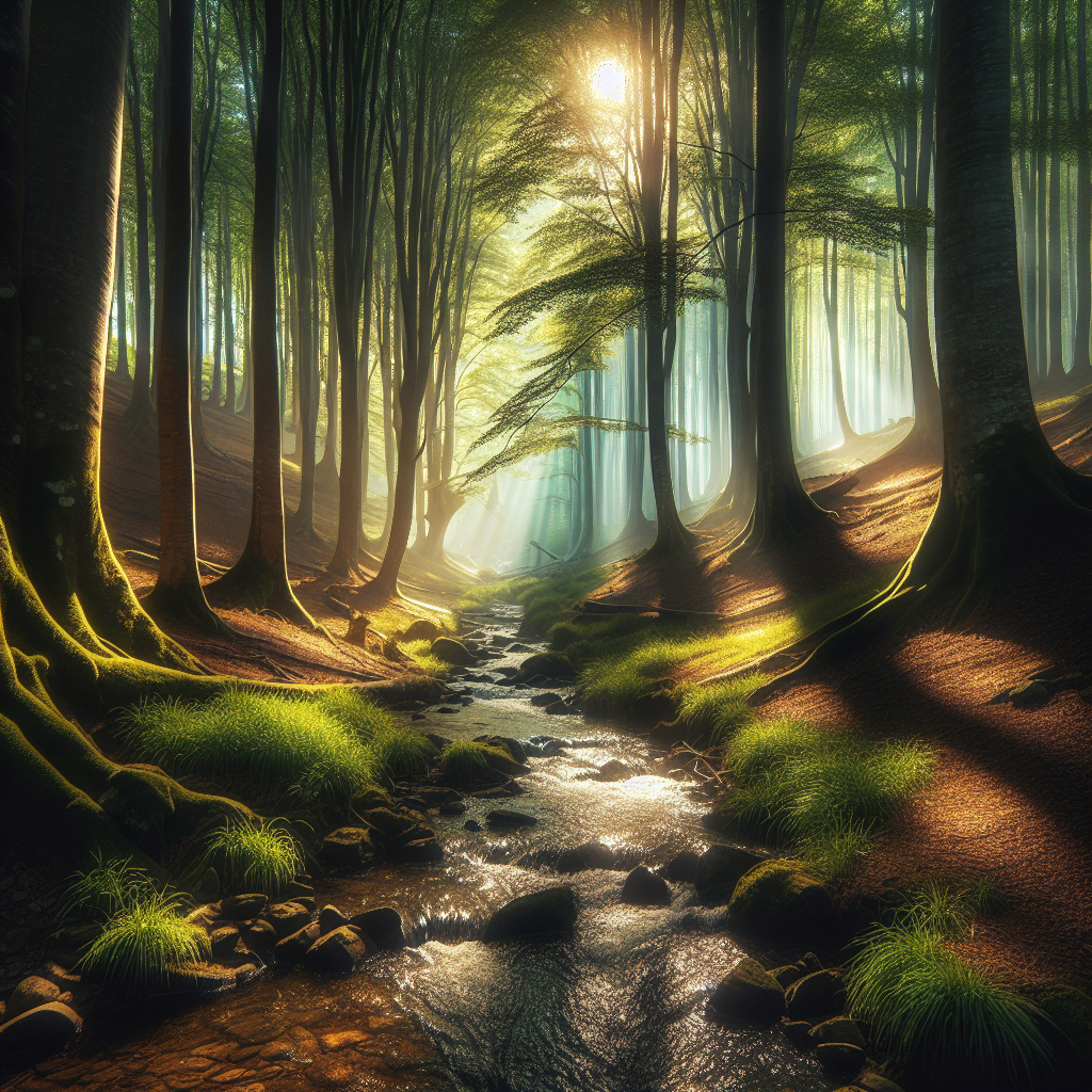 A tranquil forest scene with sunbeams filtering through tall trees