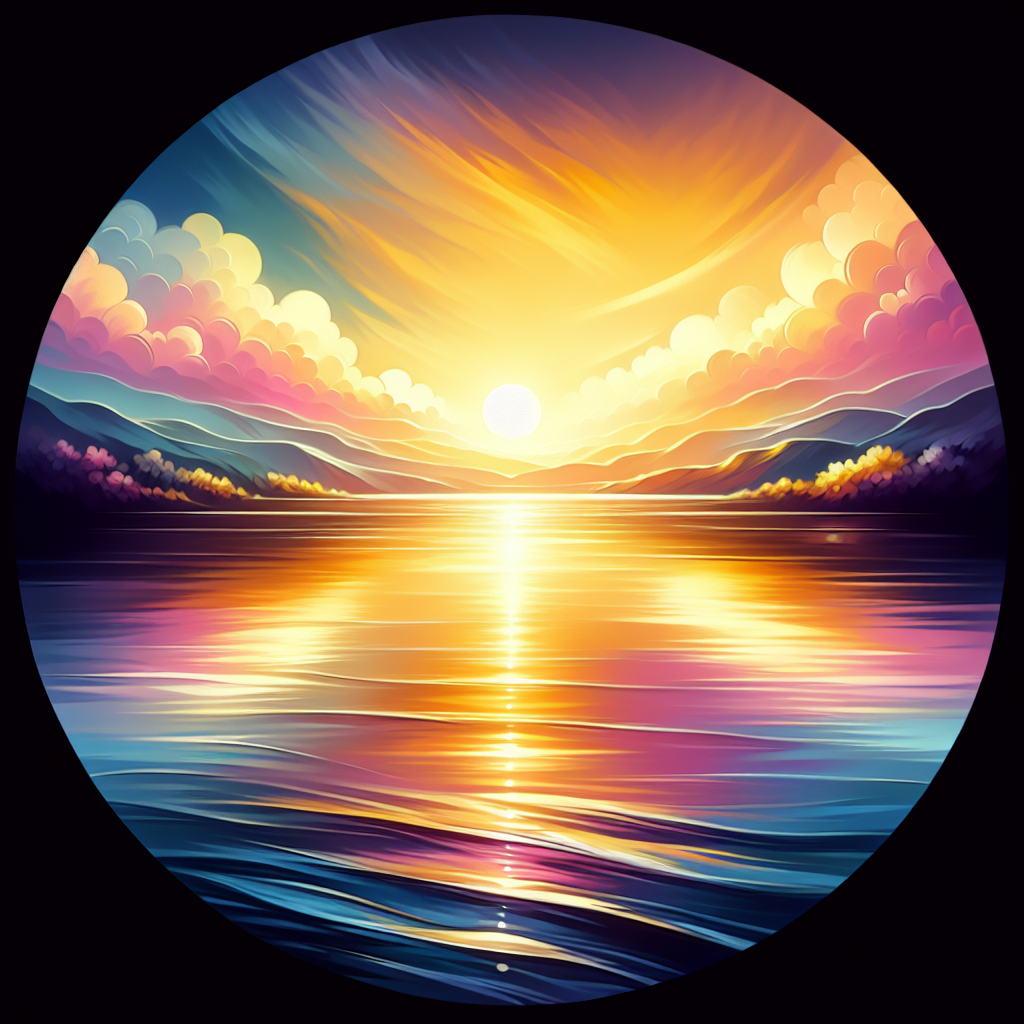 A serene sunrise over a calm lake with vibrant colors reflecting on the water, symbolizing the start of a new day filled with potential and purpose.