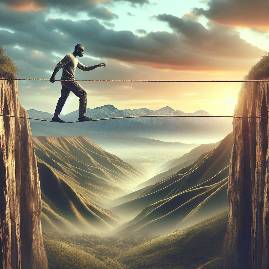 A person balancing on a tightrope between two cliffs, with a serene landscape in the background