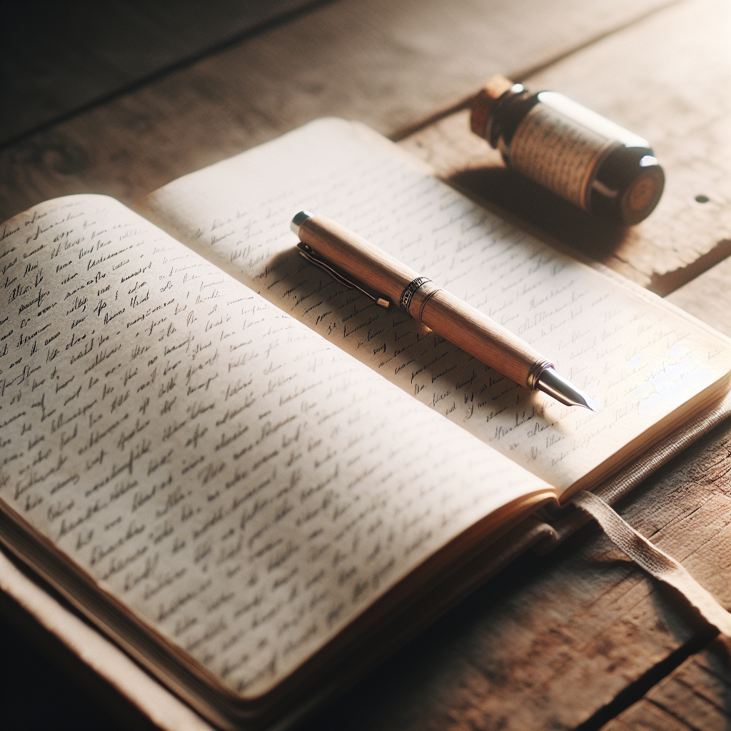 An open journal with handwritten notes and a pen lying beside it on a rustic wooden table, bathed in soft, natural morning light.