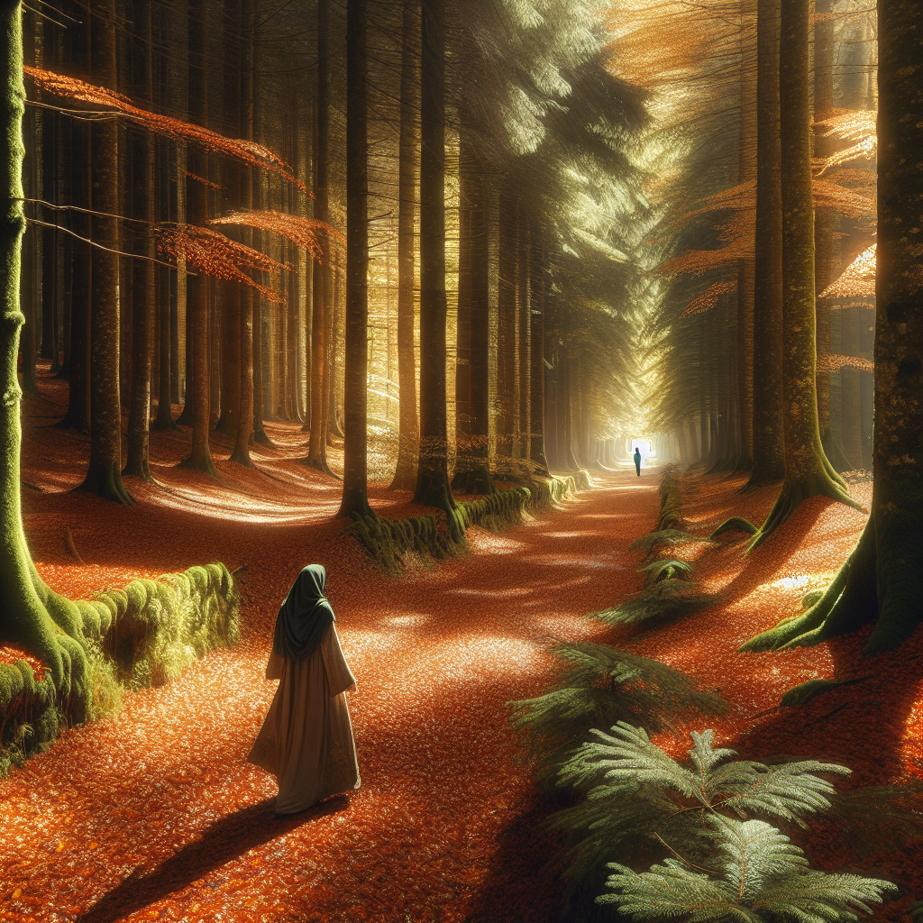 A serene forest path covered with autumn leaves, with sunlight filtering through the trees. A person is seen walking in the distance, focused and peaceful.
