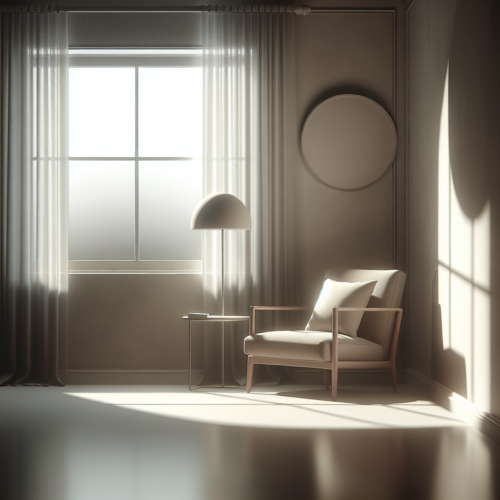 A tranquil room with minimalistic decor, featuring a comfortable chair by a window. The room is bathed in soft light, with an inviting atmosphere for quiet reflection.