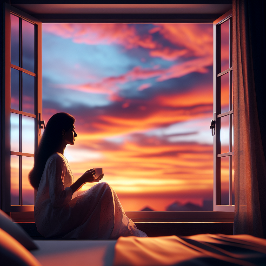 A serene sunrise viewed through a bedroom window, with a person sitting at the windowsill holding a cup of tea, symbolizing a peaceful start to the day filled with gratitude.