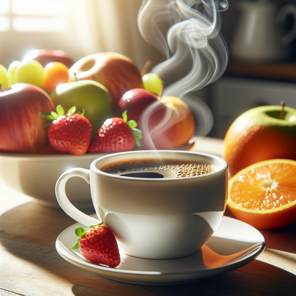 A close-up of a freshly brewed cup of coffee with steam swirling up, set beside a plate of vibrant fruits, capturing a quiet moment in a sunlit kitchen.