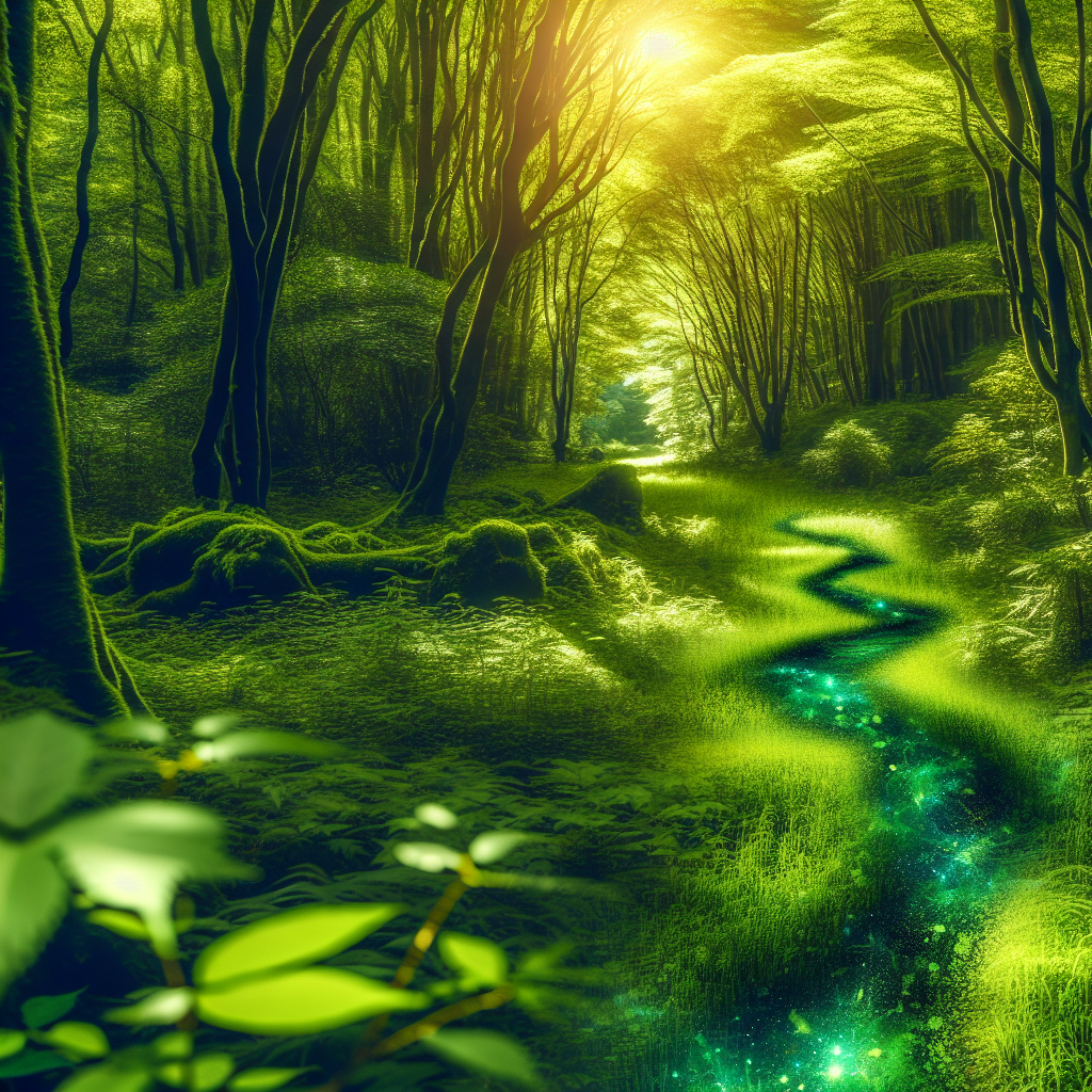 A scenic path through a lush, green forest with dappled sunlight filtering through the trees, evoking a sense of peace and connection with nature.