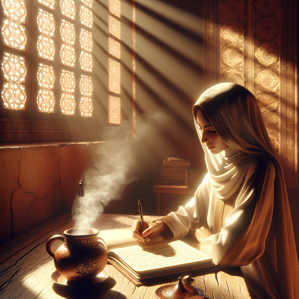 A cozy morning scene with a sunlit room, showing a person sitting at a wooden table, writing in a beautifully designed gratitude journal with a cup of steaming coffee beside them.