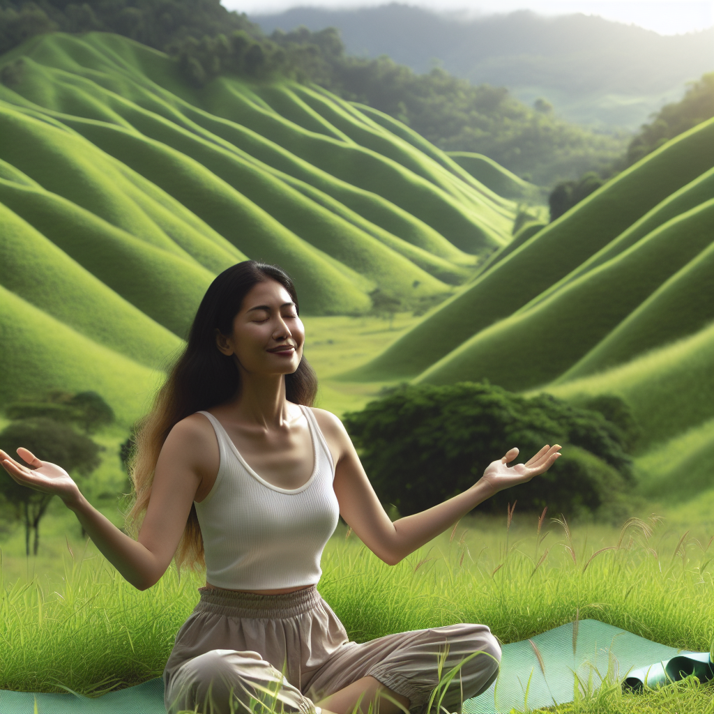 A serene outdoor setting with rolling hills in the background, depicting a person performing the Breath of Joy yoga exercise, with arms extended and a look of peaceful exhilaration on their face.