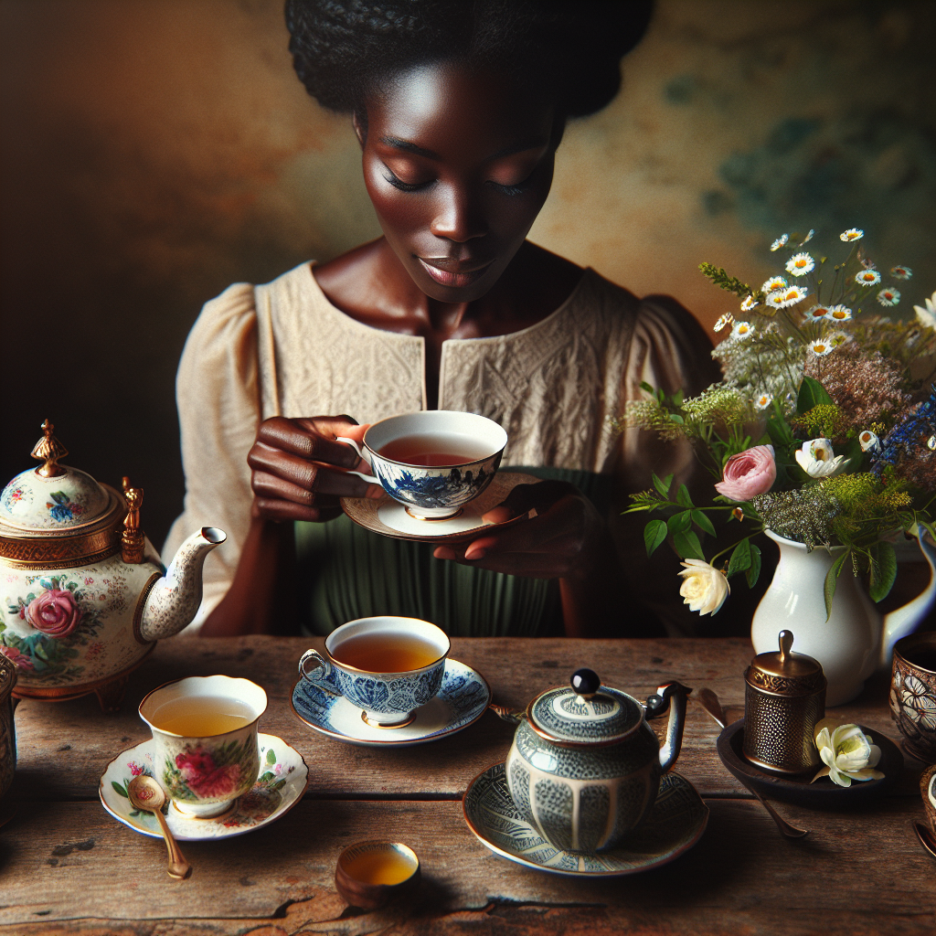 A tranquil image of a person holding a delicate teacup, surrounded by an inviting tea setup including a teapot, a selection of different teas, and a small vase of fresh flowers on a rustic wooden table.
