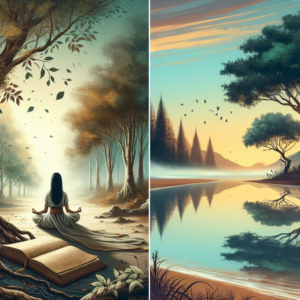 An illustration of a serene natural landscape, perhaps a tranquil forest or a quiet beach at dawn, symbolizing the calmness and inner peace that comes from spiritual growth and introspection. Include a person sitting in meditation, with a journal by their side.