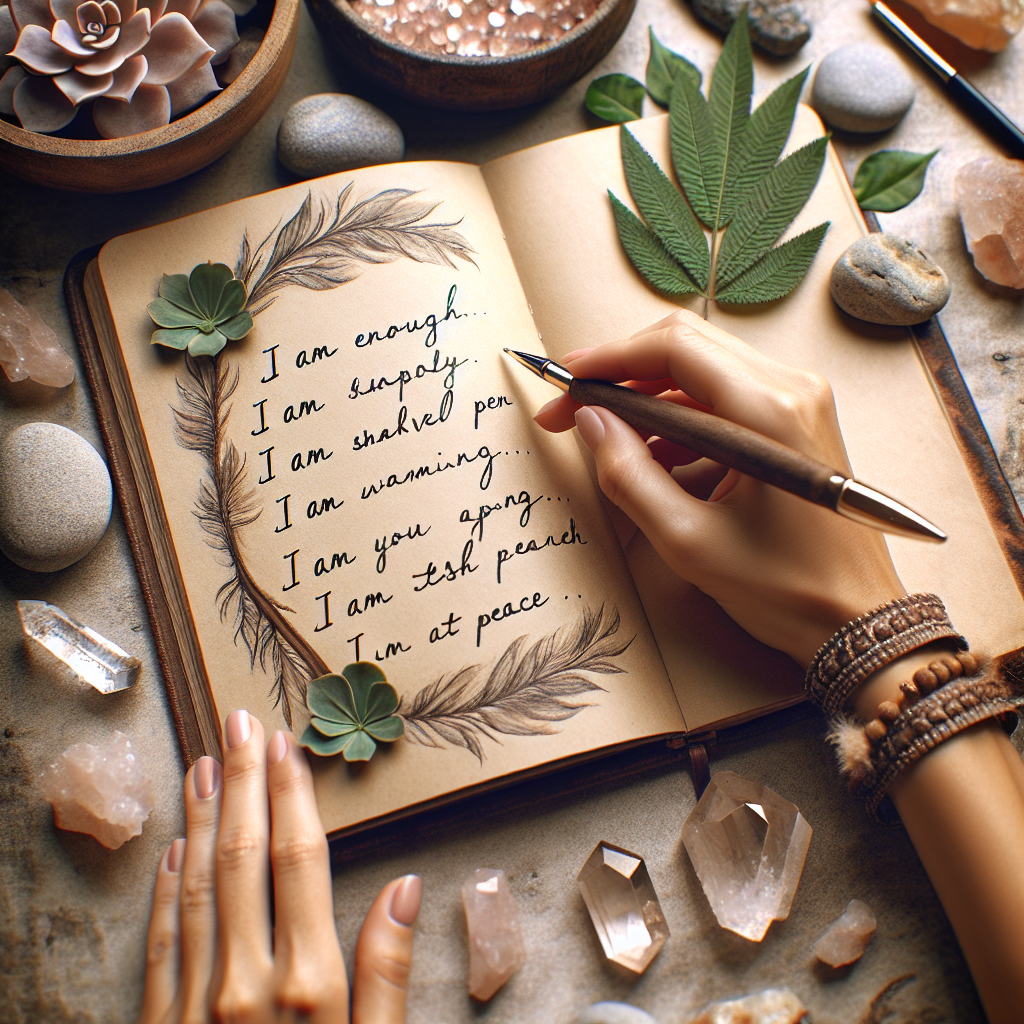 Hand writing a mantra in a journal, surrounded by natural elements