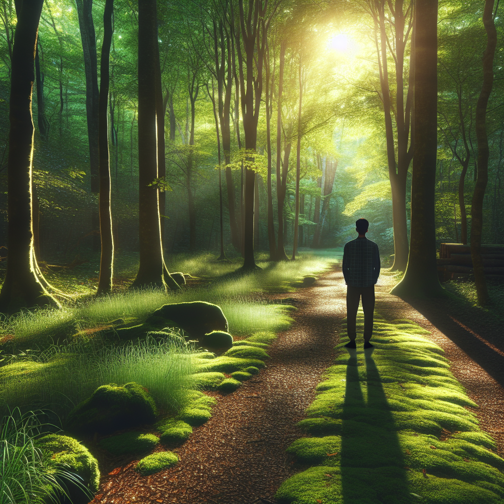 A serene forest pathway dappled with sunlight, where tall trees with lush green leaves create a canopy. A person stands with closed eyes, taking a deep breath, fully immersed in the tranquility of the surroundings.
