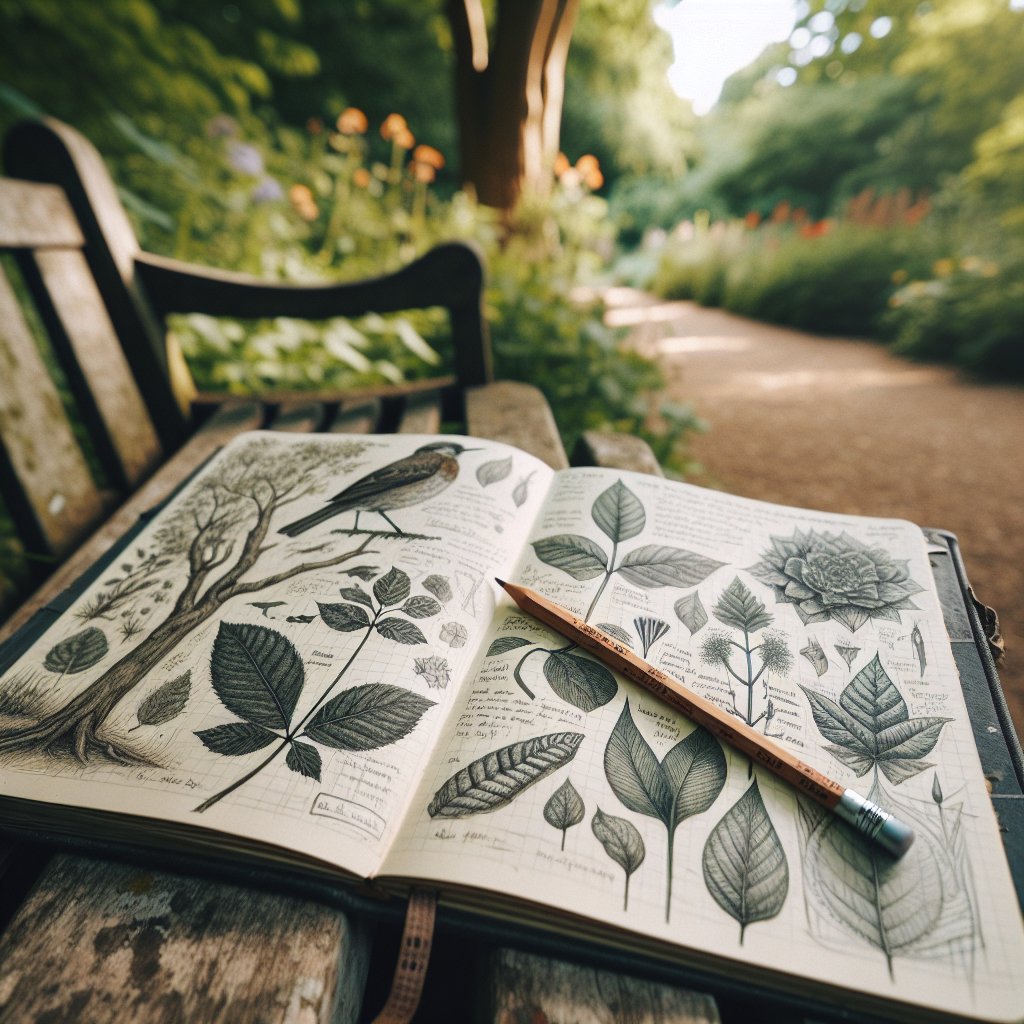 A close-up of an open journal resting on a wooden bench in a park, with detailed sketches of leaves and birds. A pencil lies beside the journal, and in the background, you can see hints of trees and flowers.