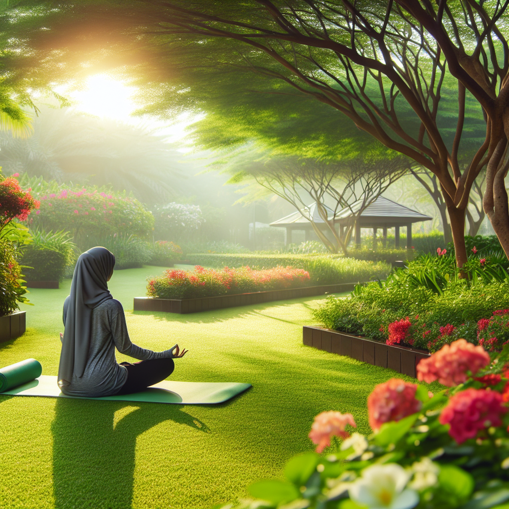 A peaceful outdoor scene in a garden or park with a person practicing yoga on a mat. The person is in a seated meditation pose, surrounded by green grass, trees, and colorful flowers, with the gentle morning sunlight casting a calm glow.