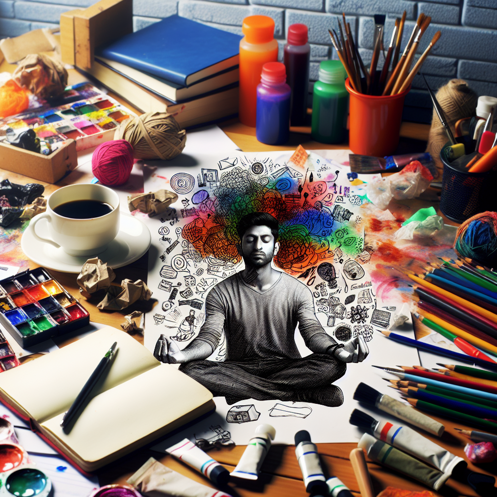 Creative workspace with person meditating
