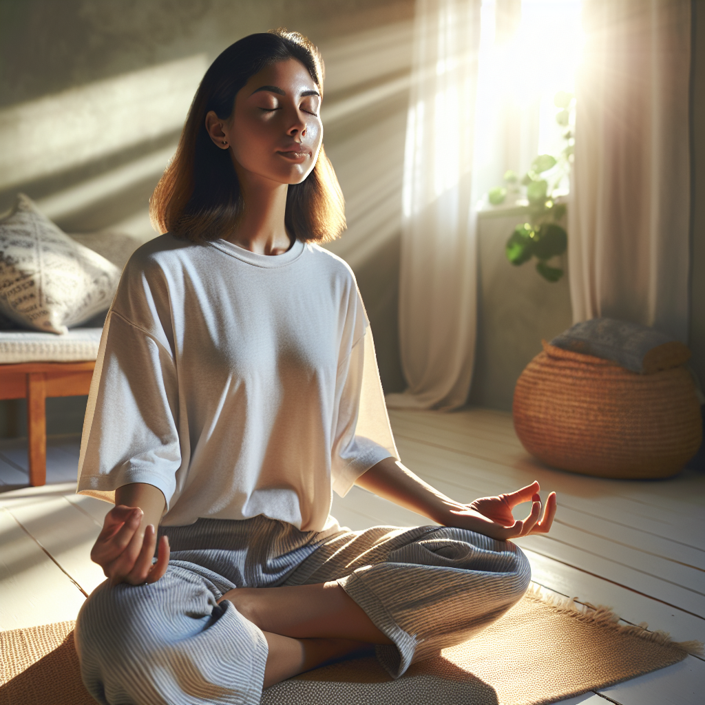 A person sitting cross-legged on a meditation cushion in a sunlit room, eyes closed and hands resting gently on their knees, surrounded by minimalistic decor signifying a peaceful morning routine.