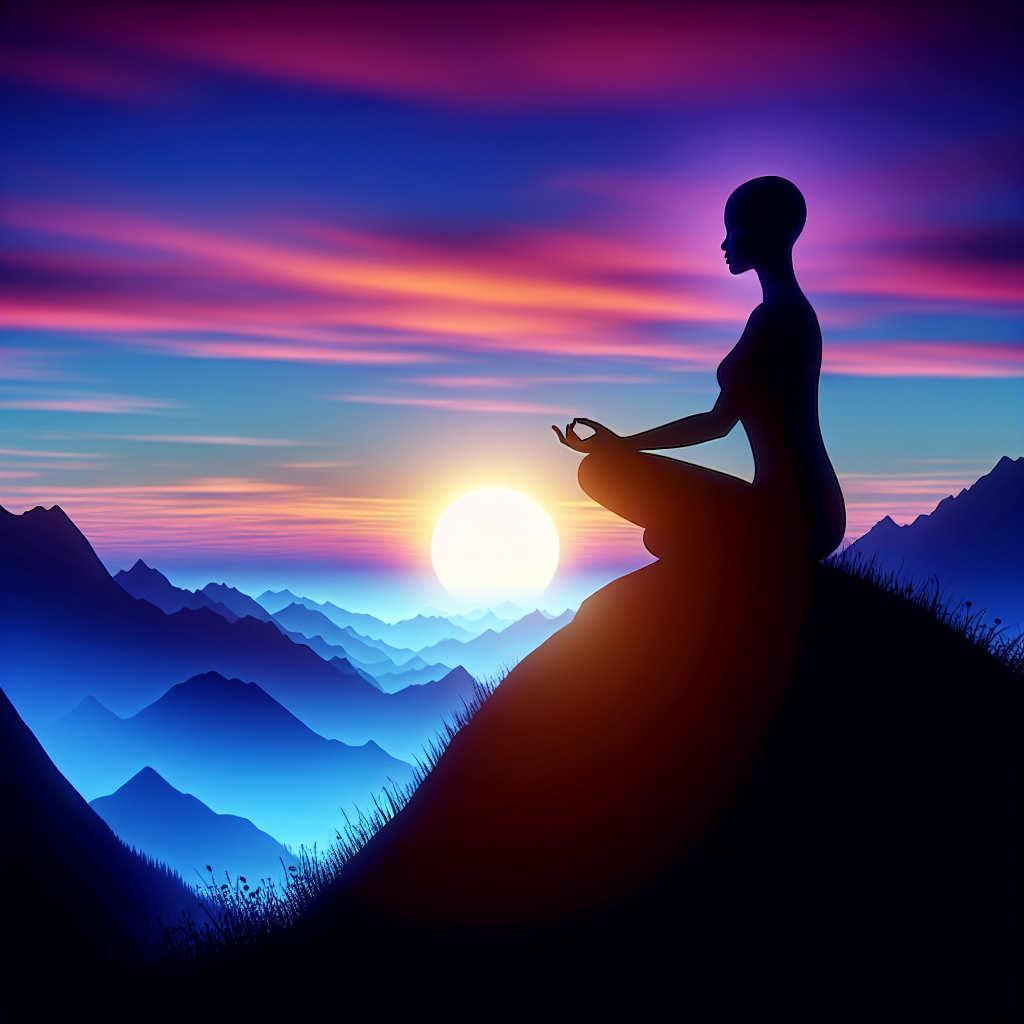 A serene image of an individual sitting cross-legged on a mountaintop at sunrise