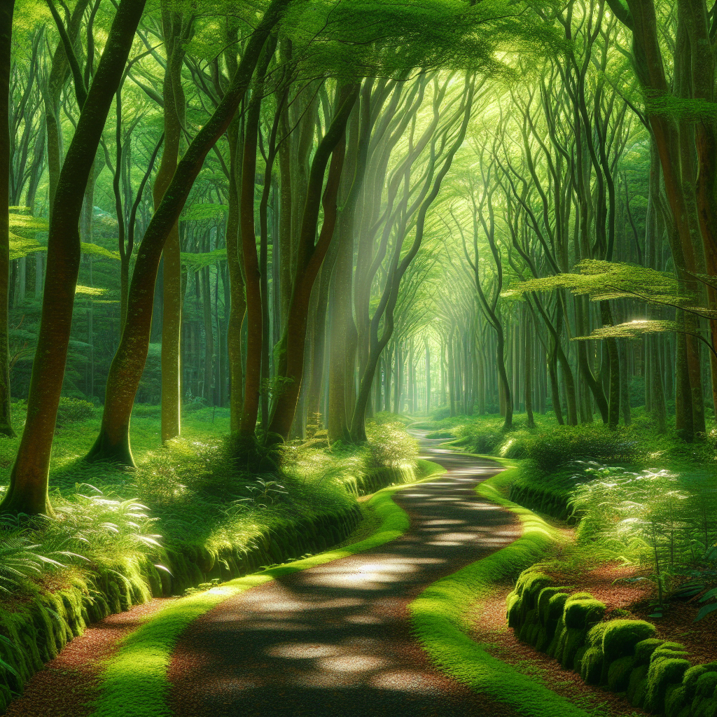 A tranquil forest path surrounded by lush green trees and dappled sunlight