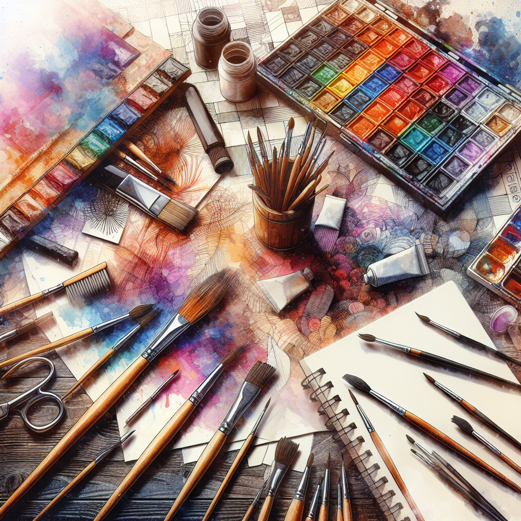 A vibrant image of various art supplies scattered across a wooden table