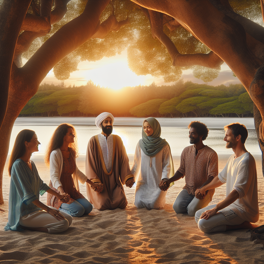 A serene photograph of diverse people holding hands in a circle, symbolizing unity and connection against a backdrop of a tranquil natural setting such as a park or beach during a calm sunset.