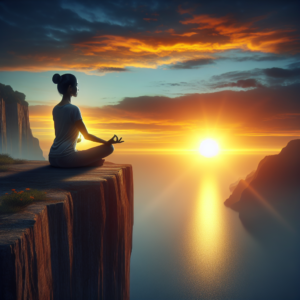 A serene image of a person meditating on a cliff at sunrise, symbolizing mindfulness and the reprogramming of the brain for resilience.