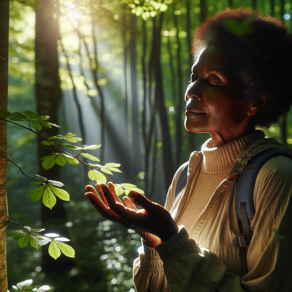 person practicing forest bathing in a forest