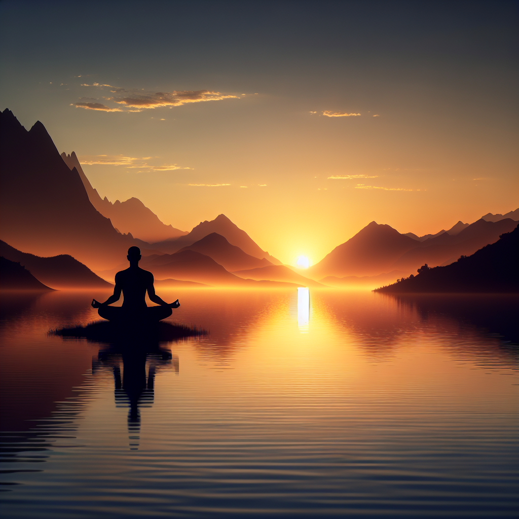 A serene sunrise over a peaceful landscape, symbolizing a fresh start and new beginnings, with a person sitting in a meditative pose, radiating calm and purpose.