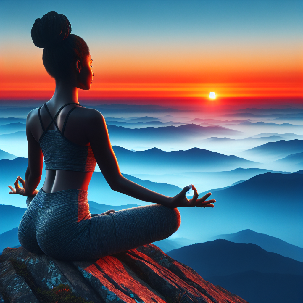 A serene sunrise with a person practicing yoga on a mountain peak
