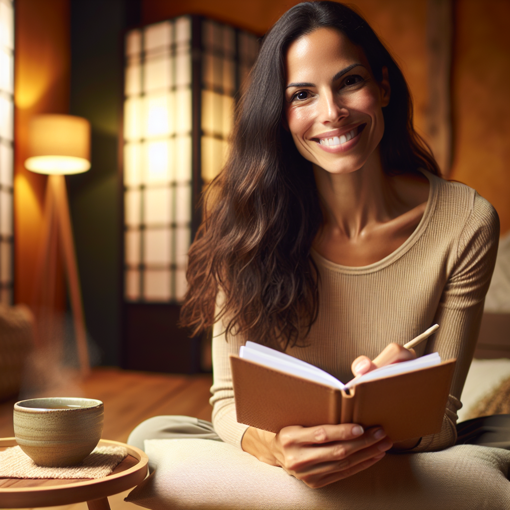A smiling person sitting in a cozy, sunlit room with a journal and a cup of tea