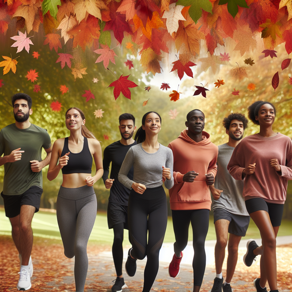 A group of people running in a park during autumn