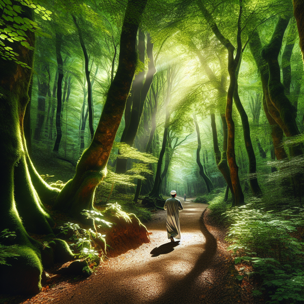 Person walking meditatively in a green forest