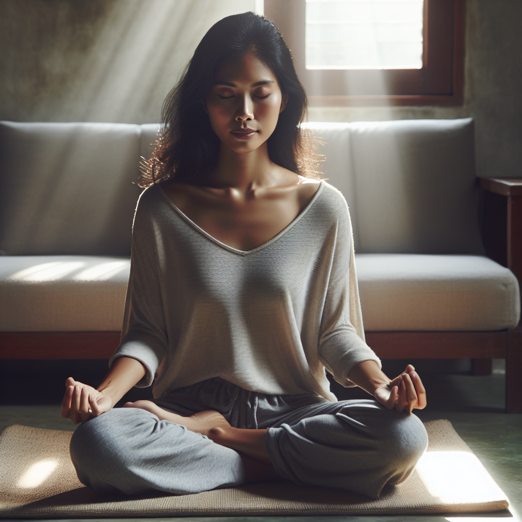 A serene image of a person sitting cross-legged on a meditation cushion in a minimalist room, with soft, natural light streaming through a window. Their eyes are closed, and they have a calm, focused expression, embodying a state of peaceful mindfulness.