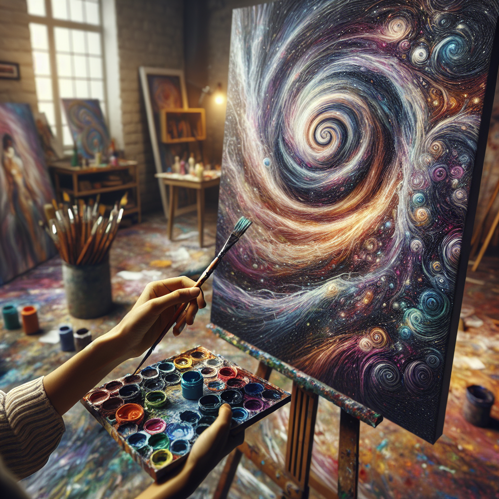A vibrant photo of a hand gently guiding a paintbrush across a large canvas, creating a swirl of colors. In the background, an artistic studio filled with canvases, brushes, and splashes of paint suggests a space where creativity flows freely.
