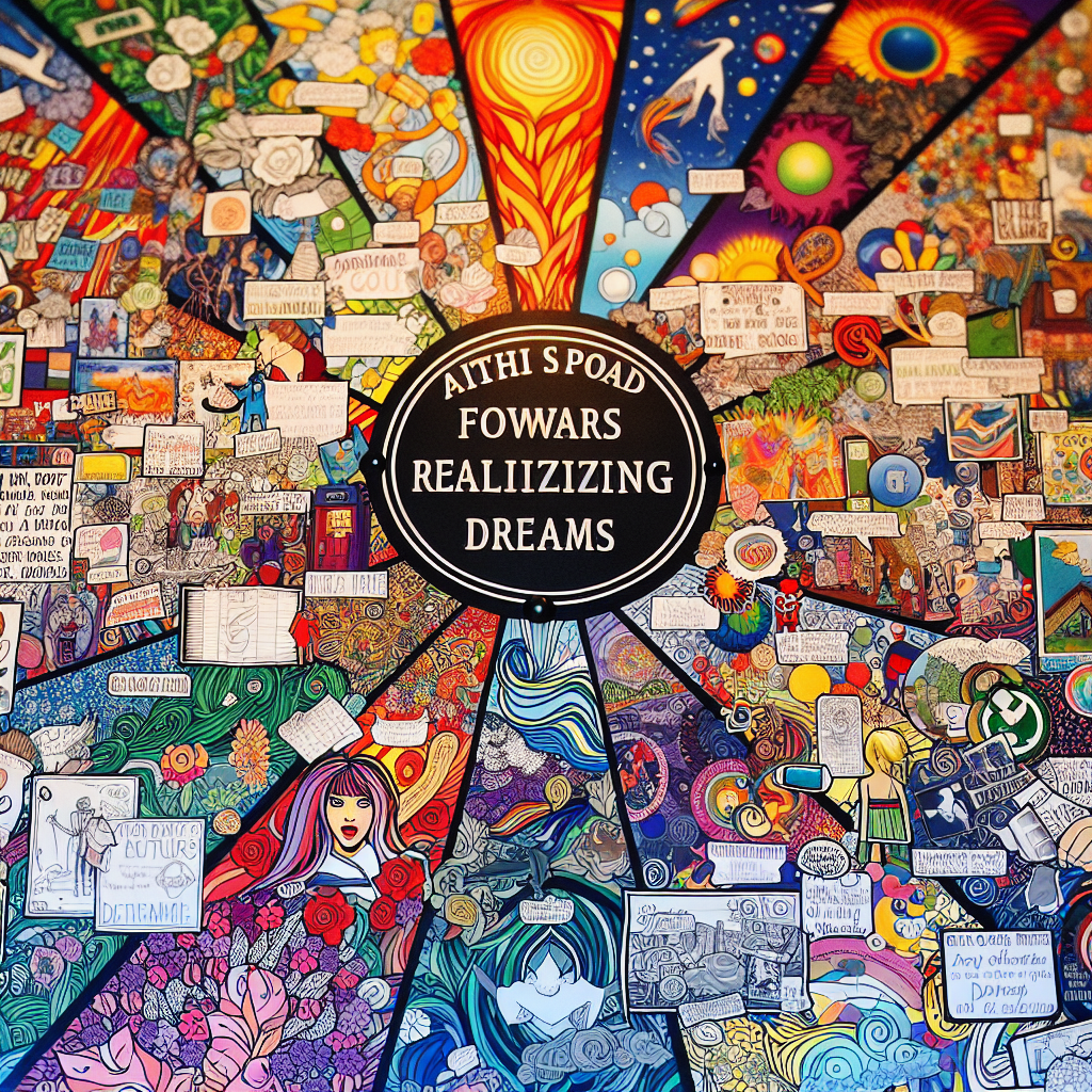 A vibrant vision board filled with colorful images, inspirational quotes, and symbols representing various goals and aspirations.