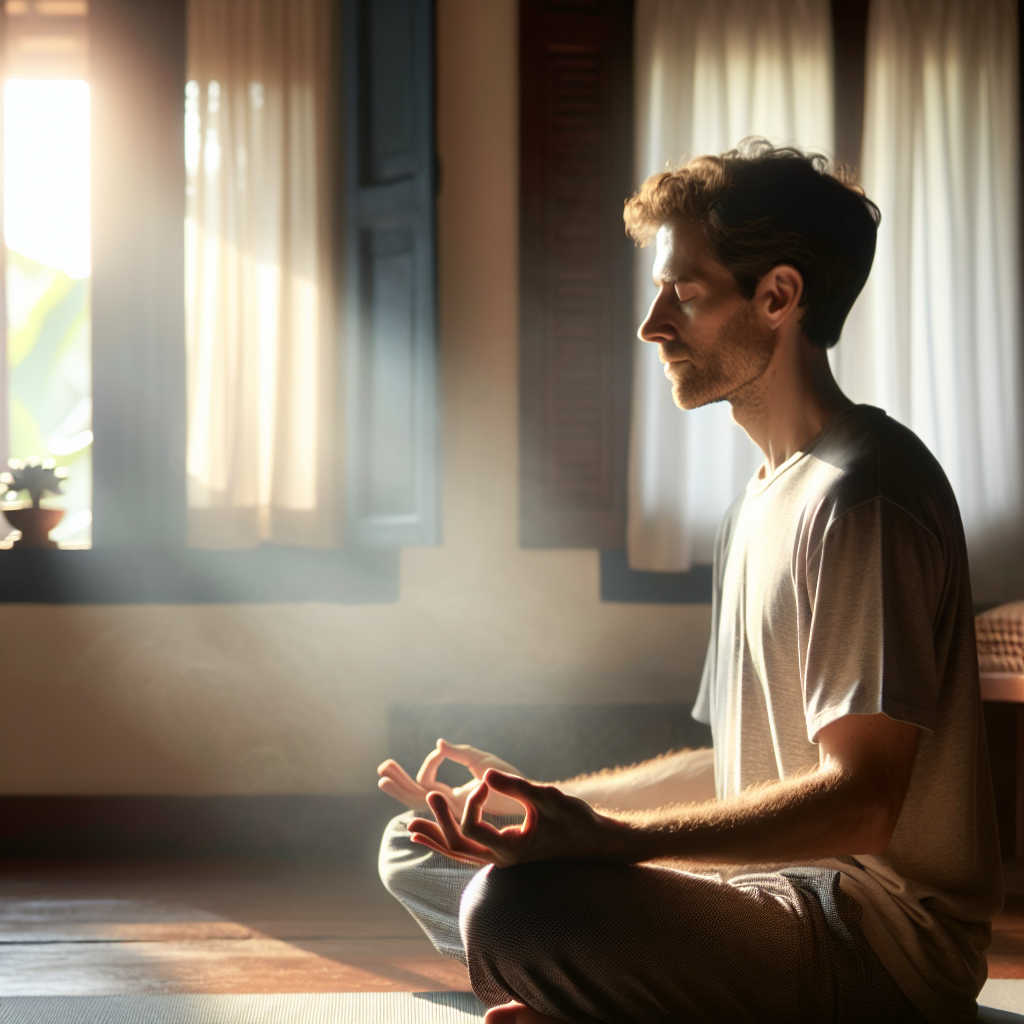 A serene morning scene with a person sitting cross-legged on a yoga mat, meditating as the soft sunlight filters through a window, casting a warm glow across the room.