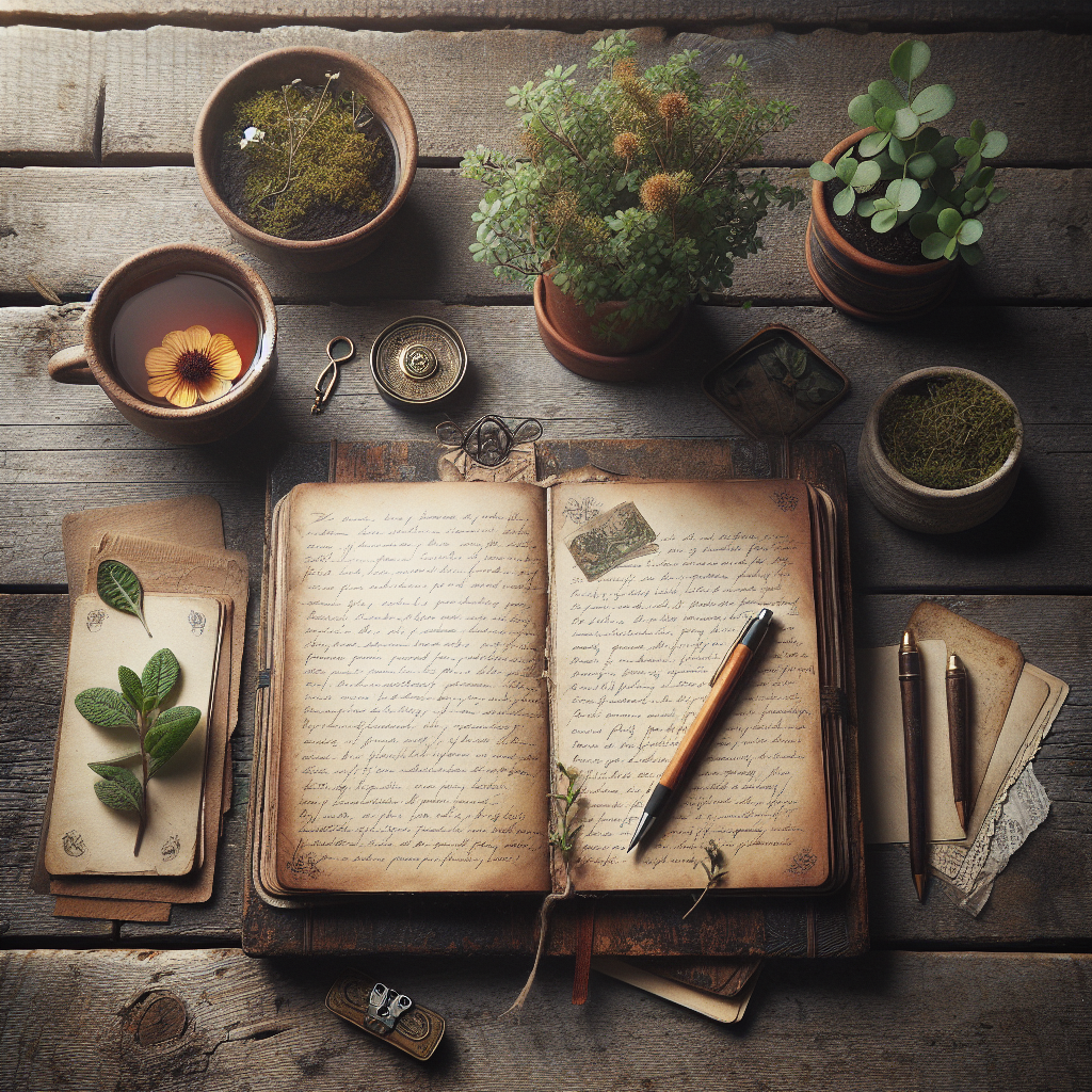A close-up of an open journal on a rustic wooden table, with a pen resting on it. The page is partially filled with handwritten notes, surrounded by elements of nature like a small potted plant and a cup of herbal tea.