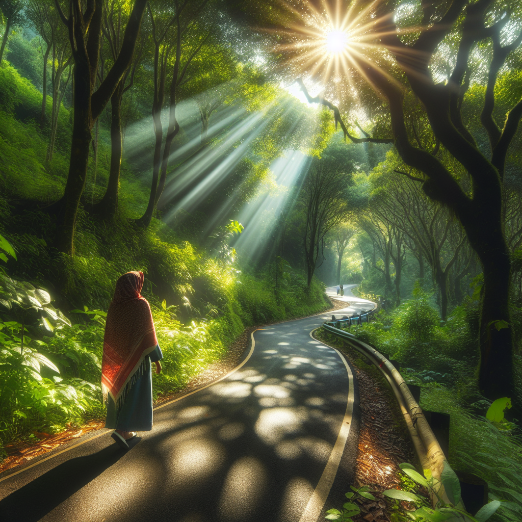 A picturesque path winding through a lush, green forest. Sunbeams pierce through the canopy, illuminating the path. A person is seen walking, taking in the beauty of the surroundings.