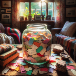 A rustic, glass jar filled with colorful slips of paper, placed on a wooden table. Soft sunlight is streaming in from a nearby window, highlighting a few handwritten notes that express gratitude. Surrounding the jar are cozy home accents, creating a warm and inviting scene.