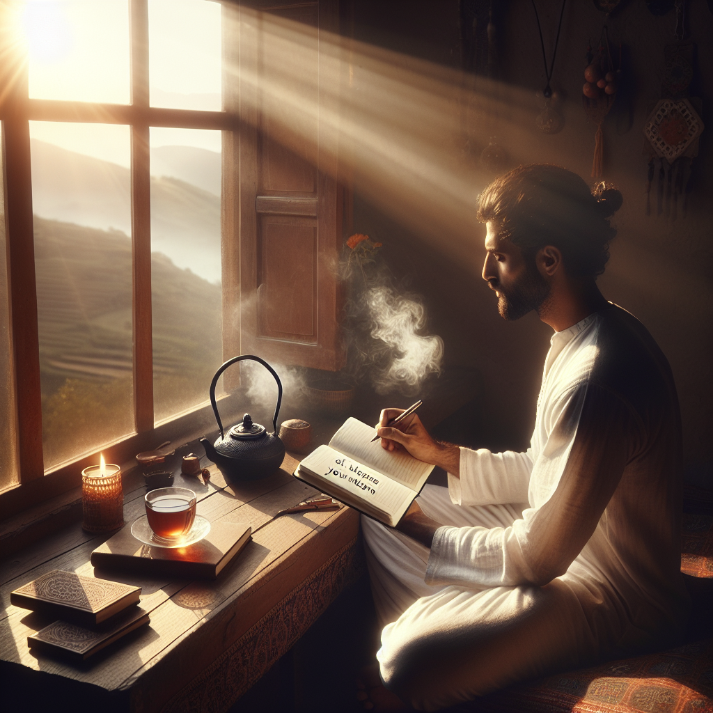 A serene morning scene showing a person sitting cross-legged by a window, holding a journal and pen, with soft sunlight streaming in. On a nearby table are a cup of tea, a candle, and an open notebook with the words 'Set Your Intentions' written on the page.