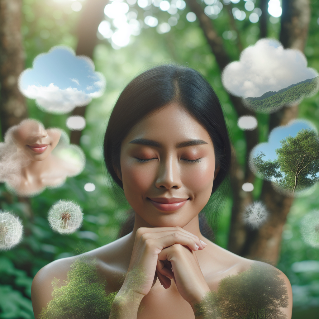 A tranquil outdoor setting where a person sits quietly with closed eyes, surrounded by nature. The image captures a gentle smile on their face, with thought bubbles or soft, ethereal images depicting their dreams and aspirations floating around them.
