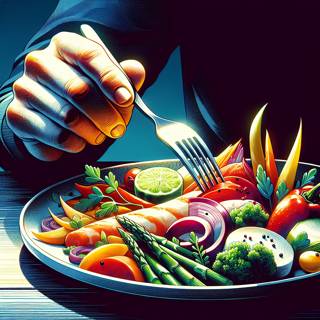 A close-up of a beautifully arranged plate of colorful, fresh food. The focus is on someone's hand gently lifting a fork to take a bite, capturing the moment of mindful engagement with the meal. The colors and textures of the food are vivid and appealing.