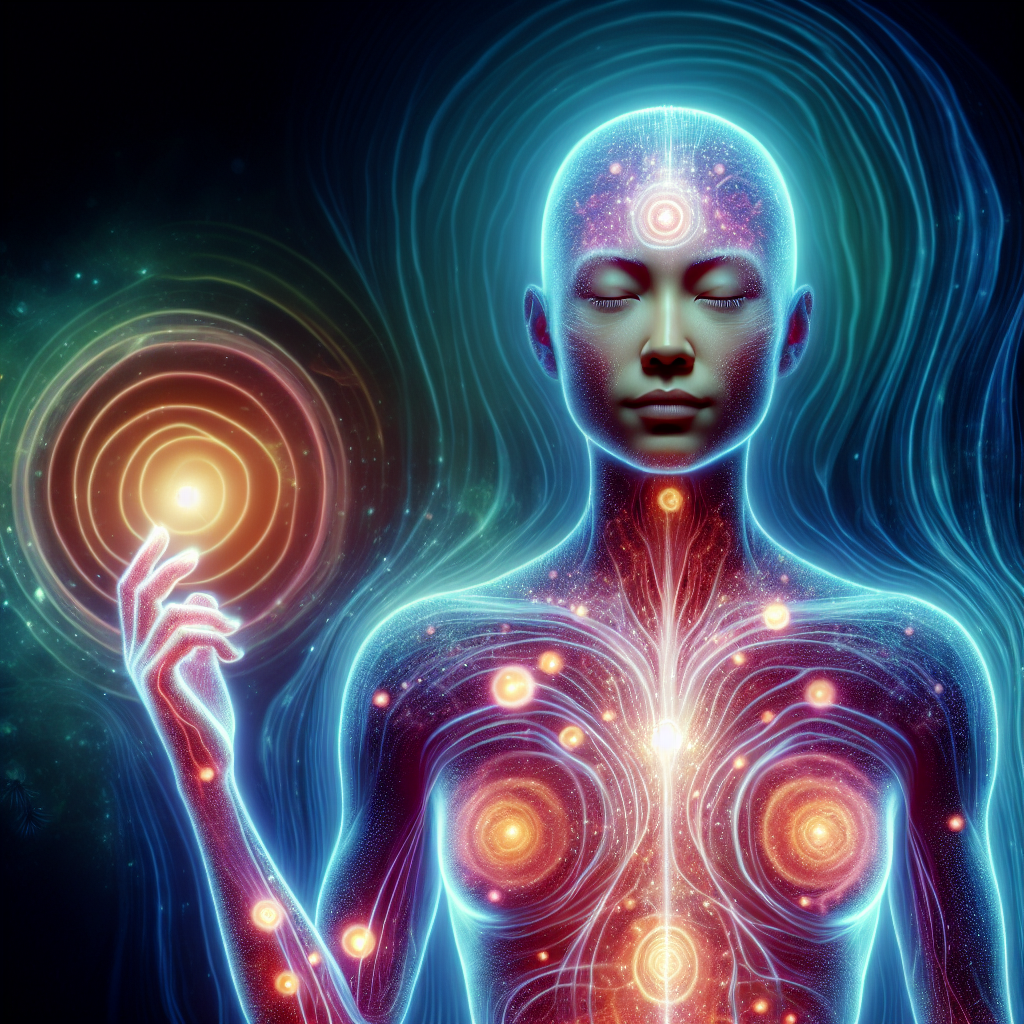 A vibrant illustration of a human body with glowing cells, representing a strong immune system, surrounded by mystical light or aura depicting serenity and resilience.