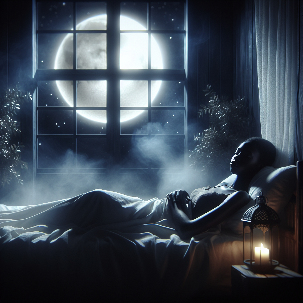 A peaceful, serene nighttime scene with a person lying in bed, looking calm and content. The room is dimly lit with soft moonlight streaming through the window, emphasizing the tranquility and better sleep quality.