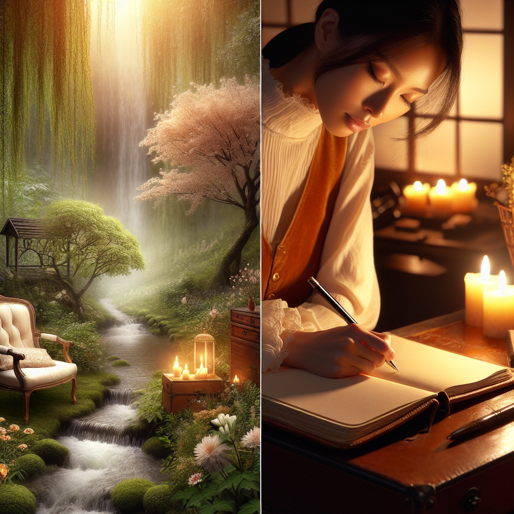 A person sitting in a serene environment, deeply engrossed in writing a journal. The background should reflect a peaceful and introspective atmosphere, such as a quiet garden or a cozy, softly lit room with candles.